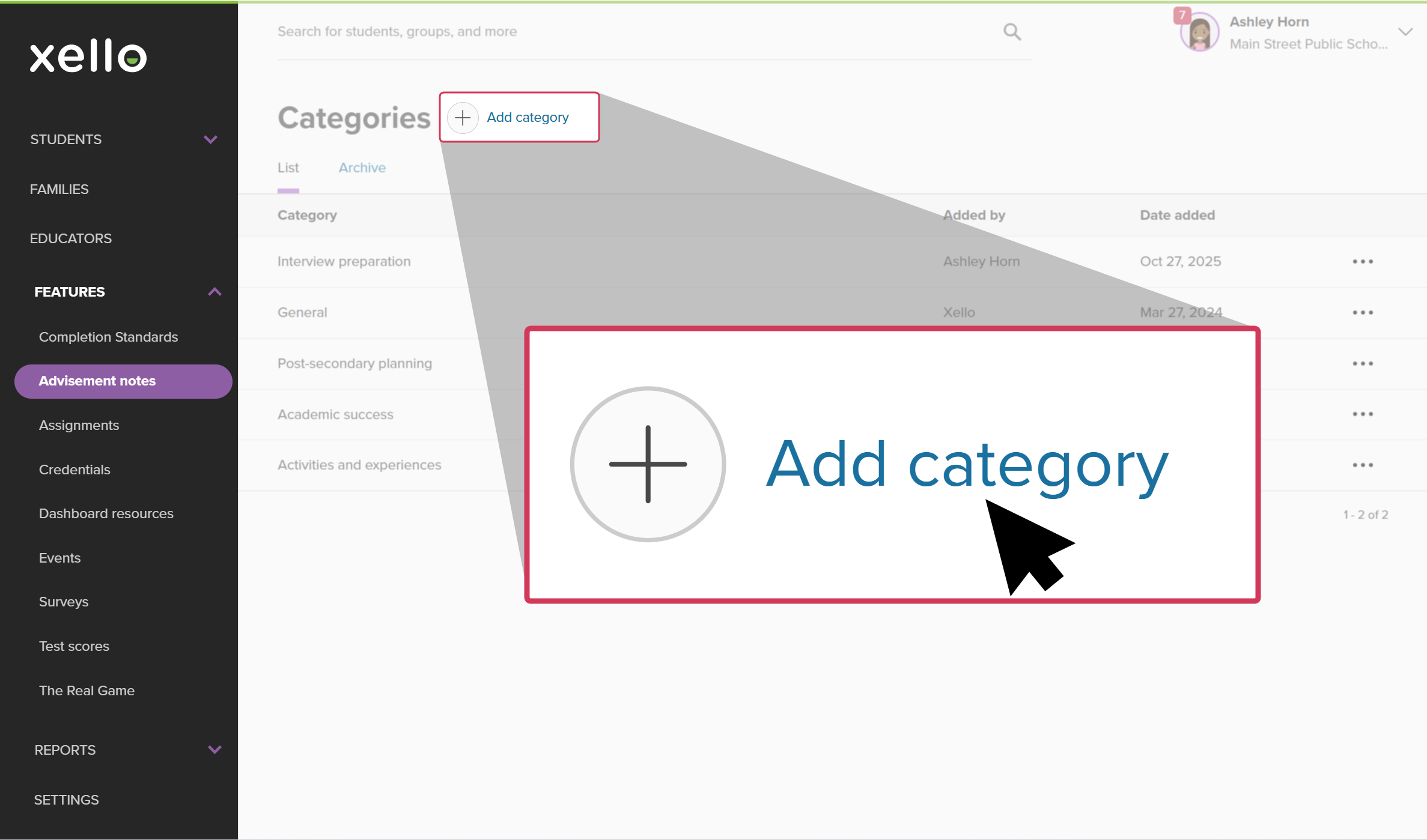 Educator account in Xello on the Advisement notes Categories page. The cursor is clicking Add category.